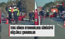 Ters Dönen Otomobilden Sürücüyü Güçlükle Çıkardılar
