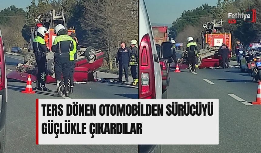 Ters Dönen Otomobilden Sürücüyü Güçlükle Çıkardılar