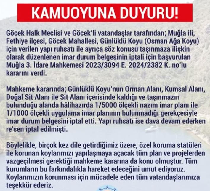 Günlüklü Koyu’ndaki Yapılaşma Ruhsatı İptal Edildi (1)